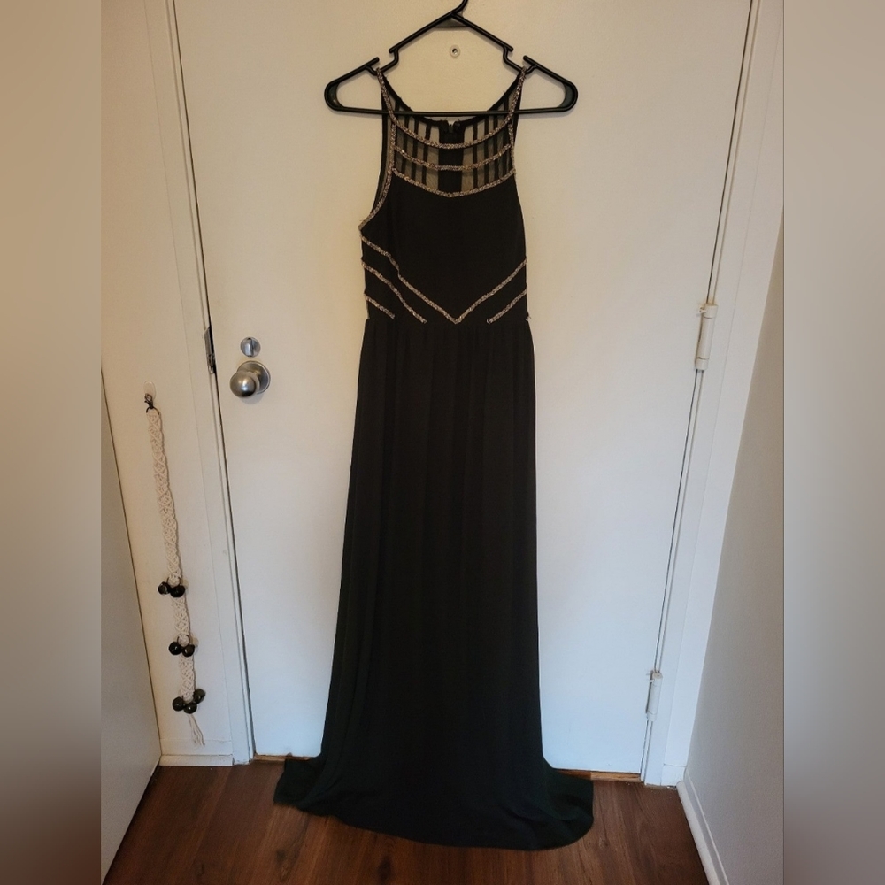 Black chiffon and silver beaded floor length dress